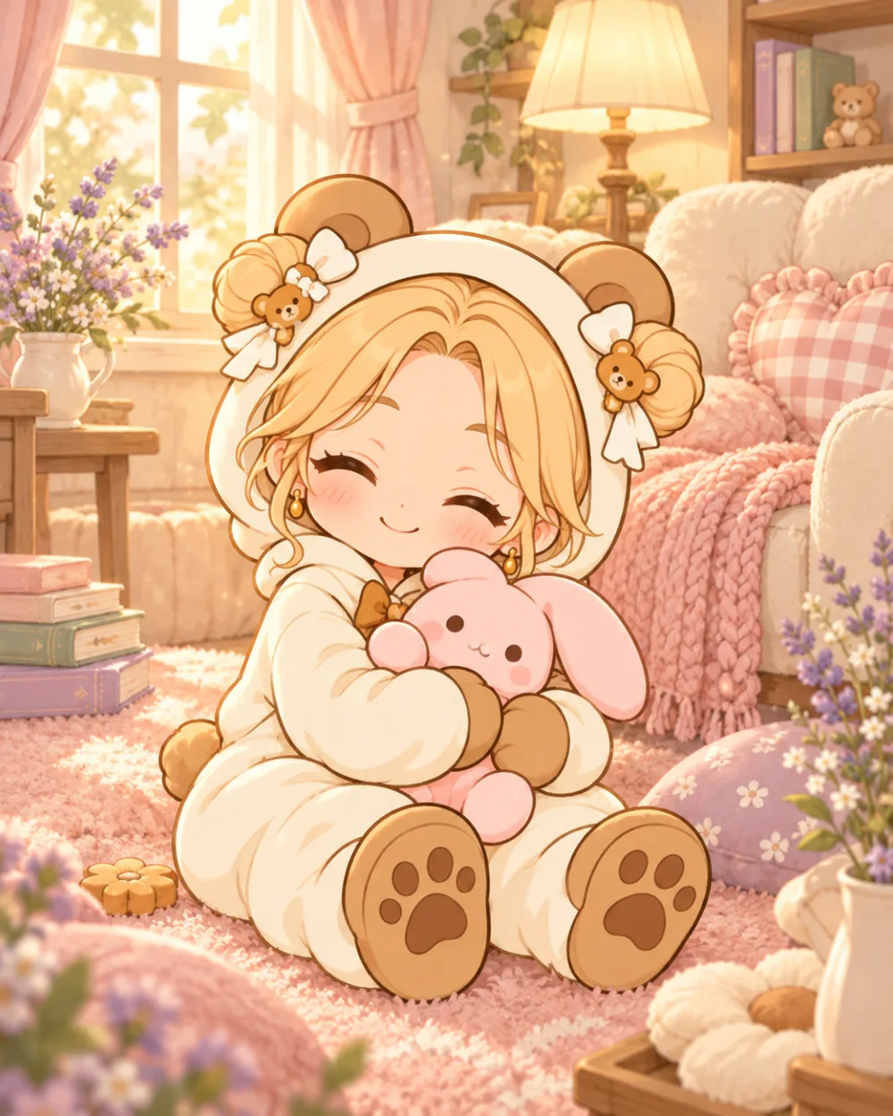 Original illustrated Claire Bear with honey-blonde double buns, teddy clips and a pink bunny