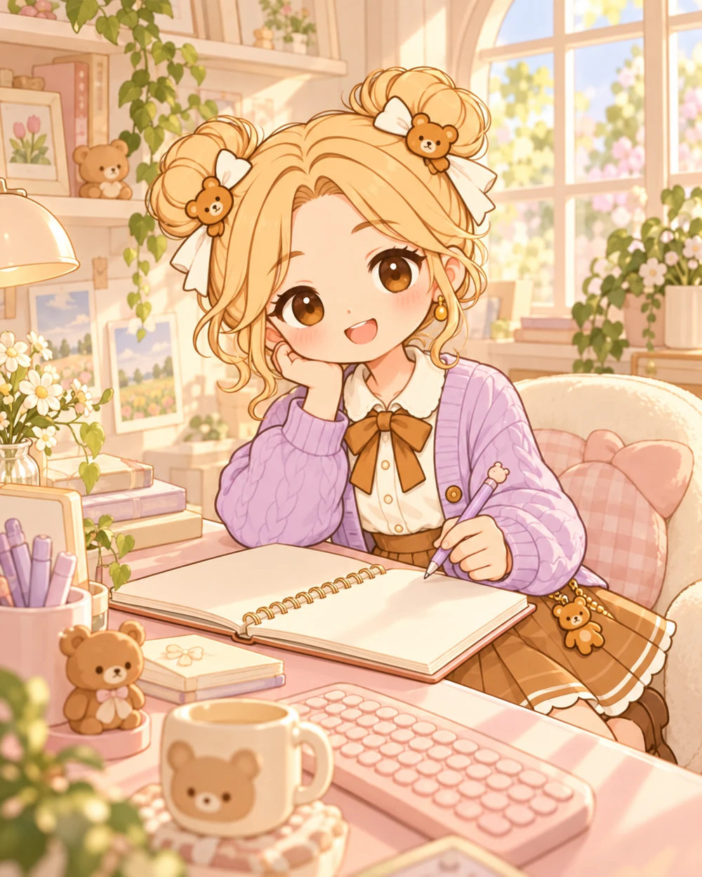 Original Claire illustration at a pastel desk