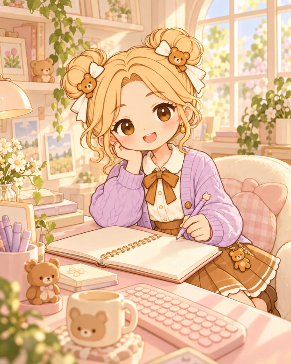 Original illustration of Claire Bear in a cosy everyday scene