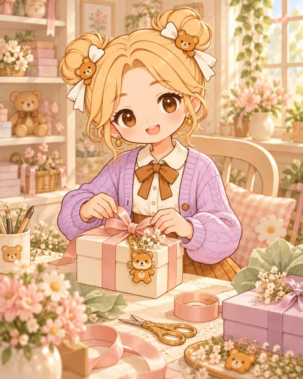 Original illustration of Claire Bear in a cosy everyday scene