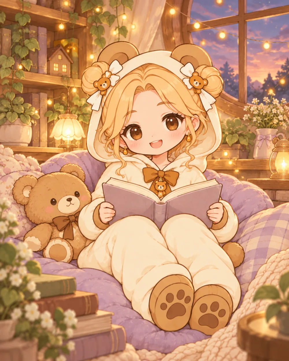 Original illustration of Claire Bear in a cosy everyday scene