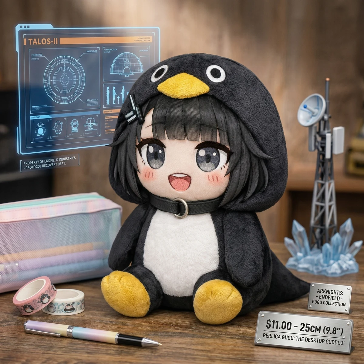 Gugu character plush wearing a black penguin costume with yellow feet