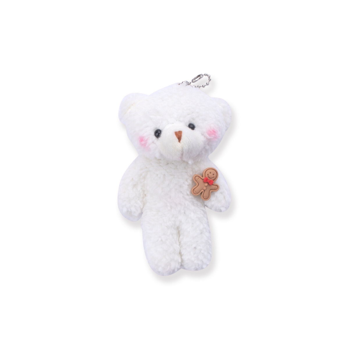 White plush teddy keychain with pink cheeks and a gingerbread-shaped decoration