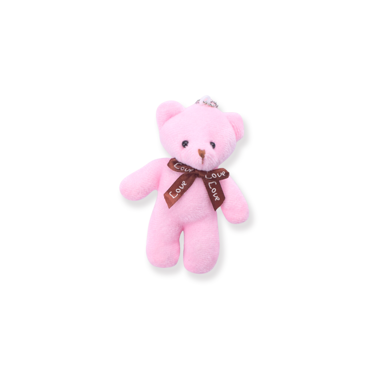 Pink plush teddy bear keychain with a brown ribbon