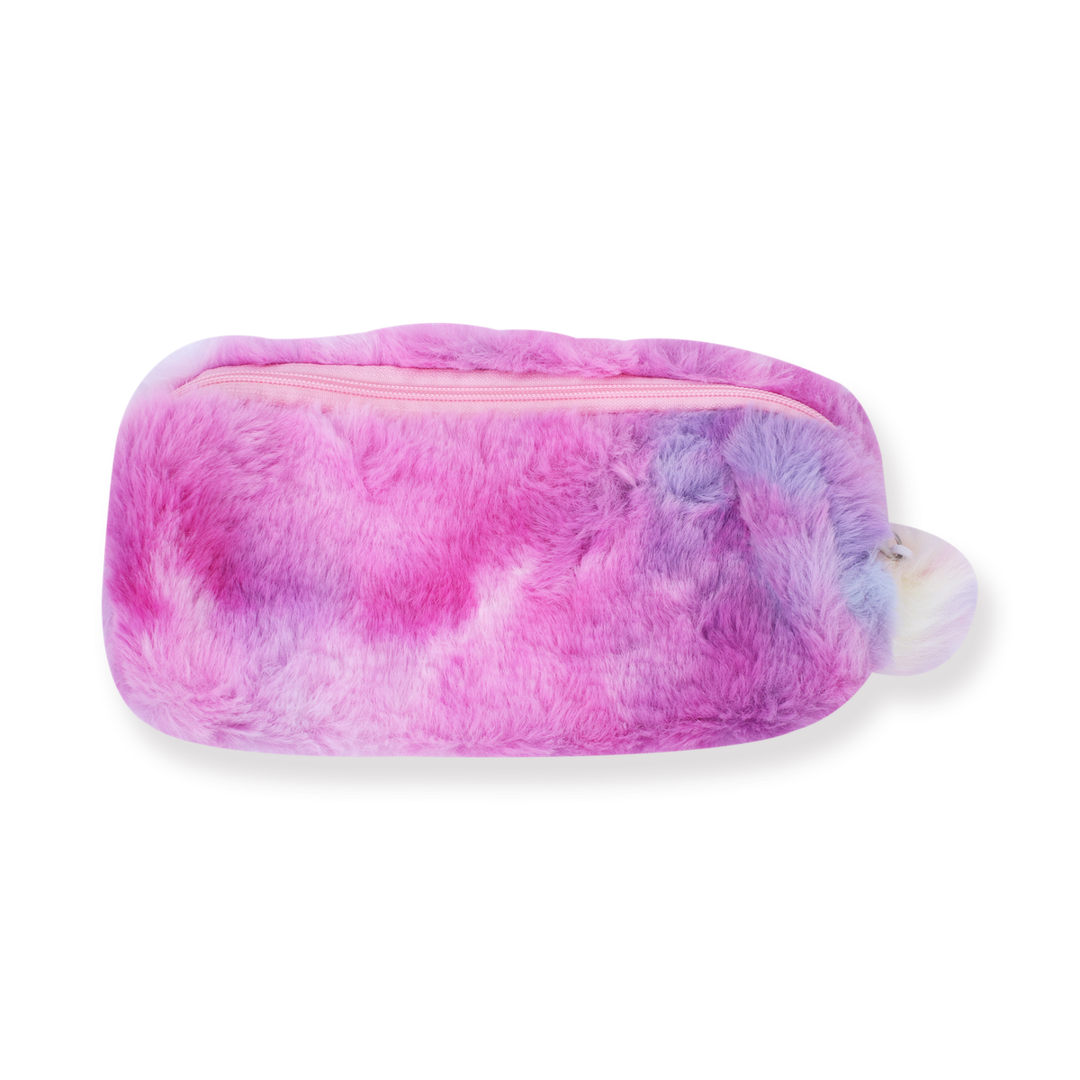 Purple and pink gradient fluffy pencil case with a zip closure