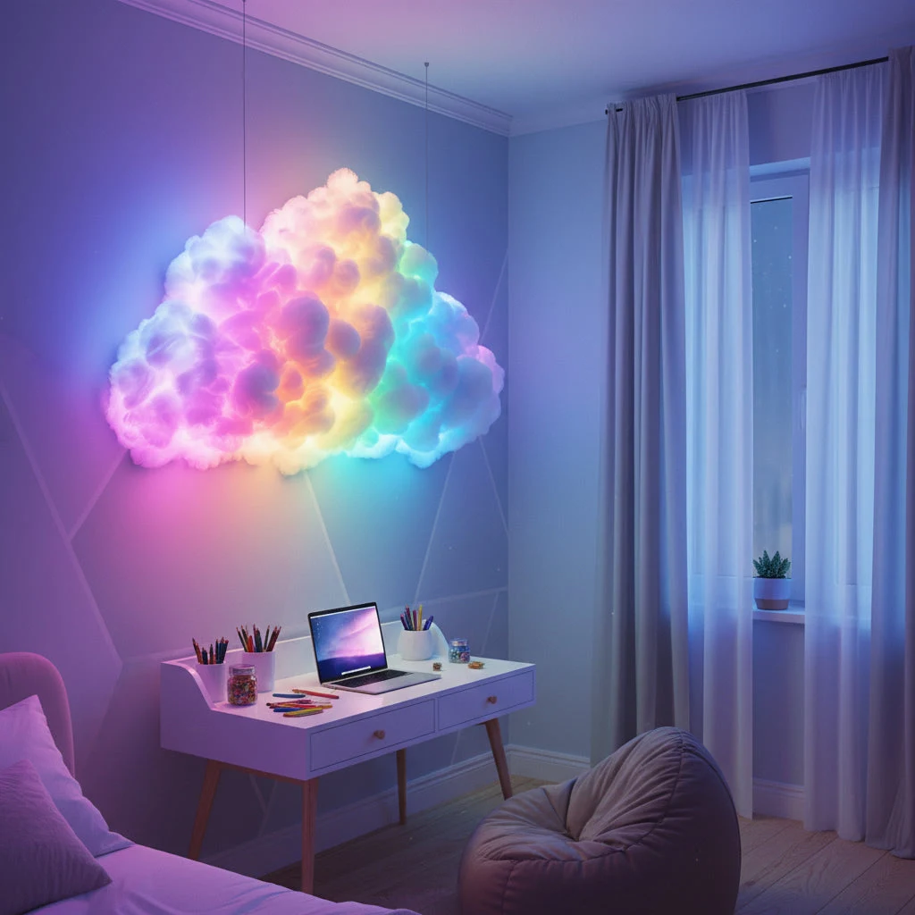 Retailer example of a glowing cloud light above a desk; DIY kit, room furnishings not included