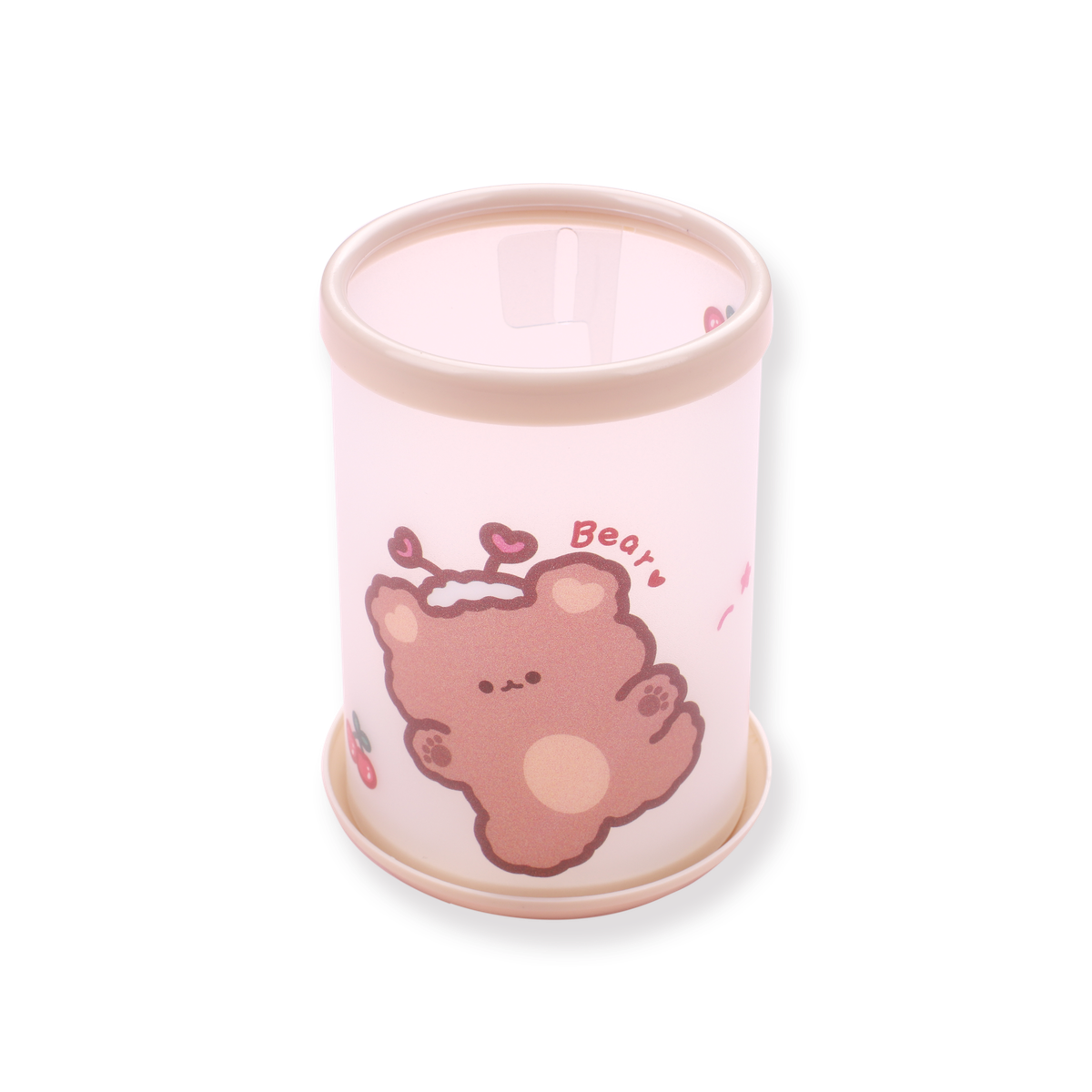 Pink folding pen cup with a brown bear illustration