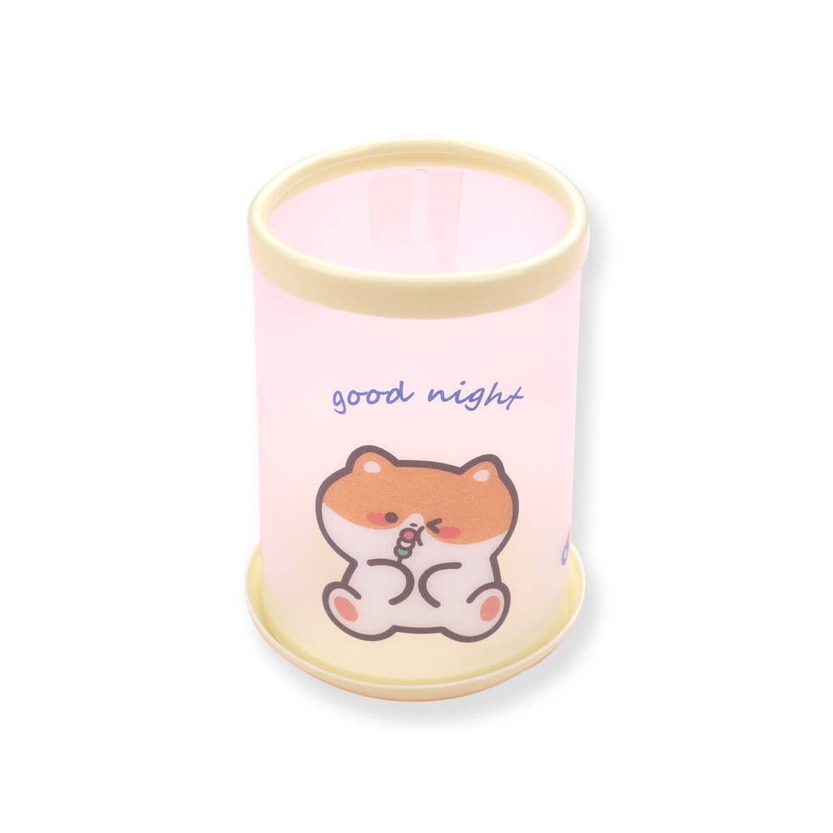 Yellow folding pen cup with a Shiba Inu illustration