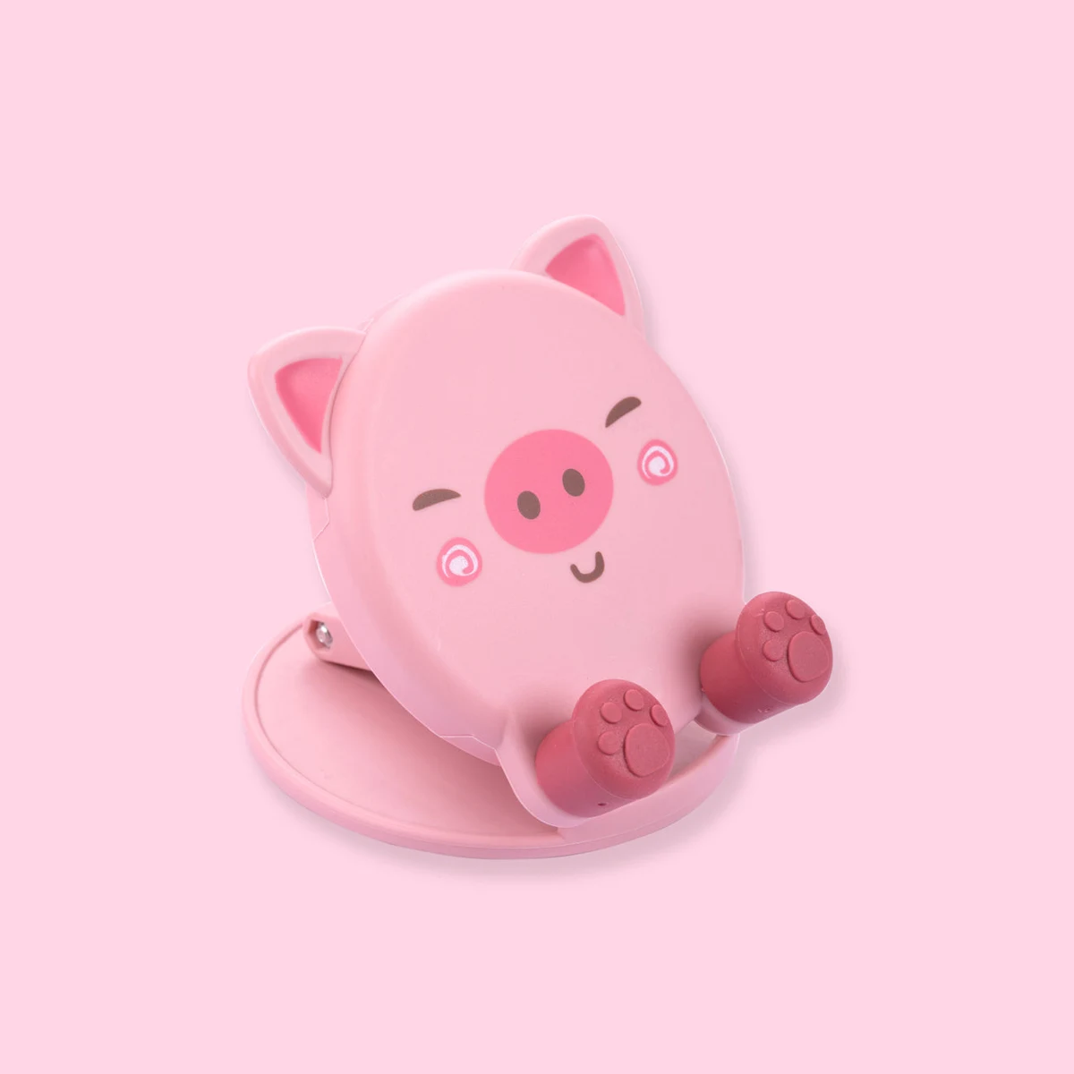 Pink pig-shaped folding phone stand with small feet